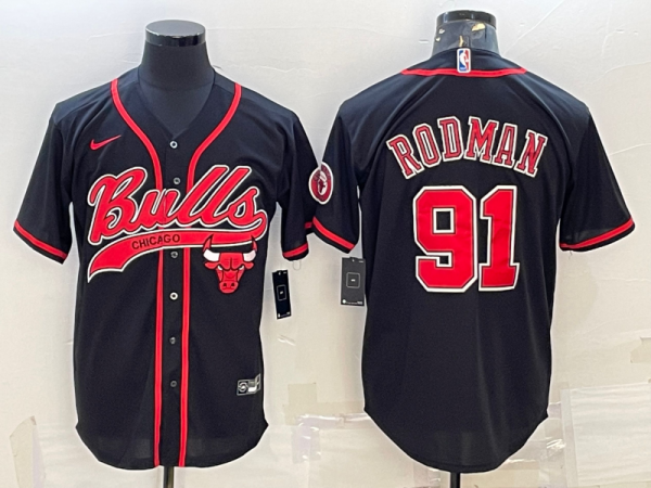 Men Chicago Bulls #91 Dennis Rodman Black Cool Base Stitched Baseball Jersey
