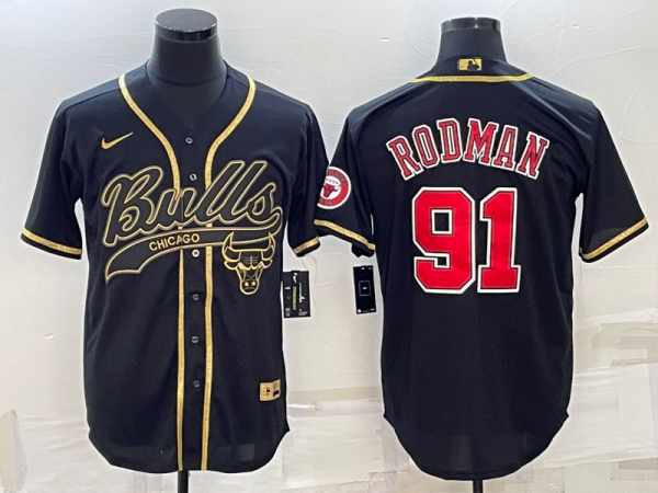 Men Chicago Bulls #91 Dennis Rodman Black Gold With Patch Cool Base Stitched Baseball Jersey