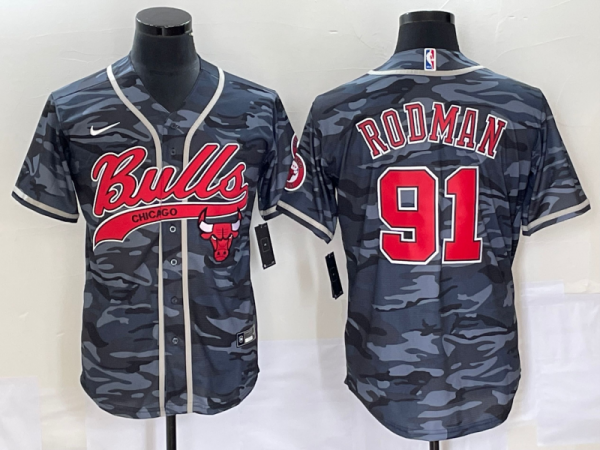 Men Chicago Bulls #91 Dennis Rodman Gray Camo Cool Base Stitched Baseball Jersey