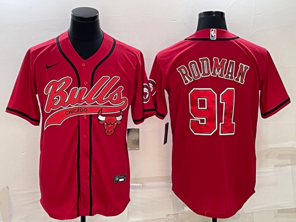 Men Chicago Bulls #91 Dennis Rodman Red With Patch Cool Base Stitched Baseball Jersey