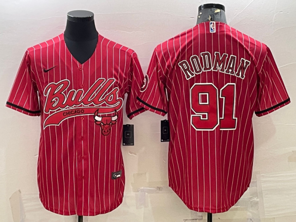 Men Chicago Bulls #91 Dennis Rodman Red With Patch Cool Base Stitched Baseball Jersey