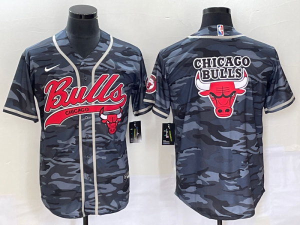 Men Chicago Bulls Gray Camo Team Big Logo Cool Base Stitched Baseball Jersey