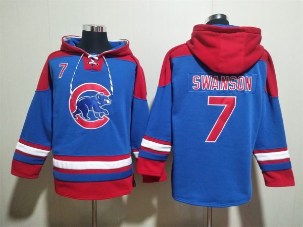 Men Chicago Cubs #7 Dansby Swanson Royal/Red Ageless Must-Have Lace-Up Pullover Hoodie