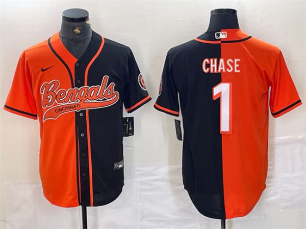 Men Cincinnati Bengals #1 Ja'Marr Chase Black/Orange Split With Patch Cool Base Stitched Baseball Jersey
