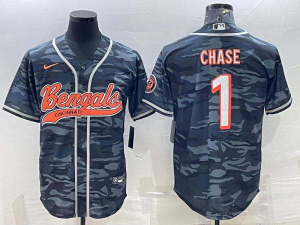 Men Cincinnati Bengals #1 Ja'Marr Chase Grey Camo With Patch Cool Base Stitched Baseball Jersey