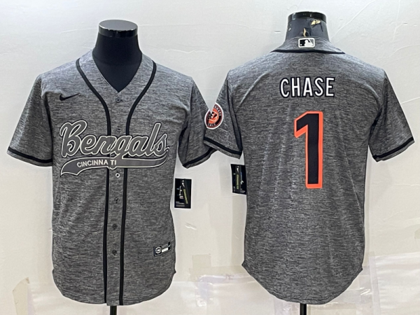 Men Cincinnati Bengals #1 Ja'Marr Chase Grey With Patch Cool Base Stitched Baseball Jersey