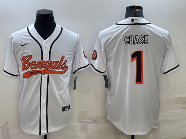 Men Cincinnati Bengals #1 Ja'Marr Chase White With Patch Cool Base Stitched Baseball Jersey