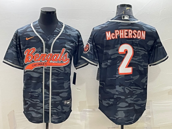 Men Cincinnati Bengals #2 Evan McPherson Grey Camo With Patch Cool Base Stitched Baseball Jersey