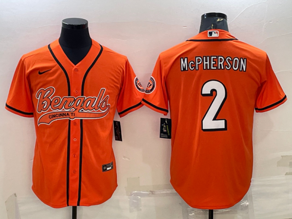 Men Cincinnati Bengals #2 Evan McPherson Orange With Patch Cool Base Stitched Baseball Jersey