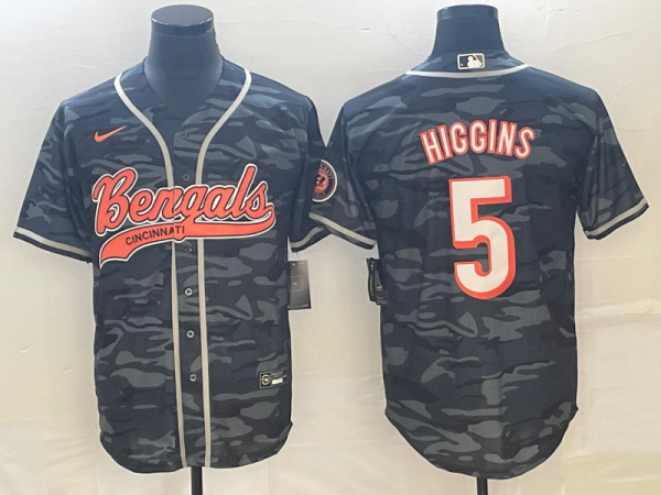 Men Cincinnati Bengals #5 Tee Higgins Grey Camo With Patch Cool Base Stitched Baseball Jersey