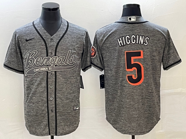 Men Cincinnati Bengals #5 Tee Higgins Grey With Patch Cool Base Stitched Baseball Jersey