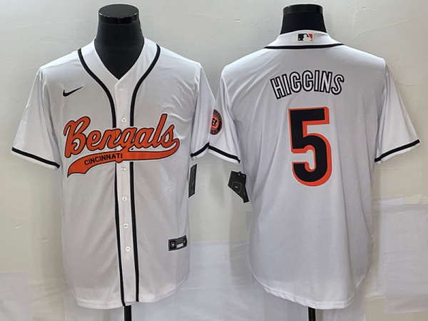 Men Cincinnati Bengals #5 Tee Higgins White With Patch Cool Base Stitched Baseball Jersey