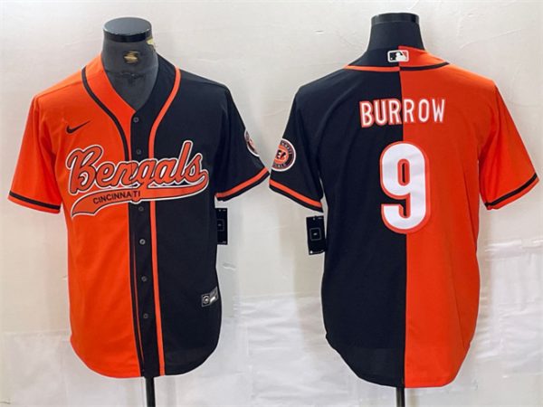 Men Cincinnati Bengals #9 Joe Burrow Black/Orange Split With Patch Cool Base Stitched Baseball Jersey