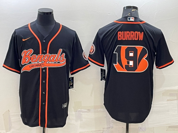 Men Cincinnati Bengals #9 Joe Burrow Black Team Big Logo With Patch Cool Base Stitched Baseball Jersey