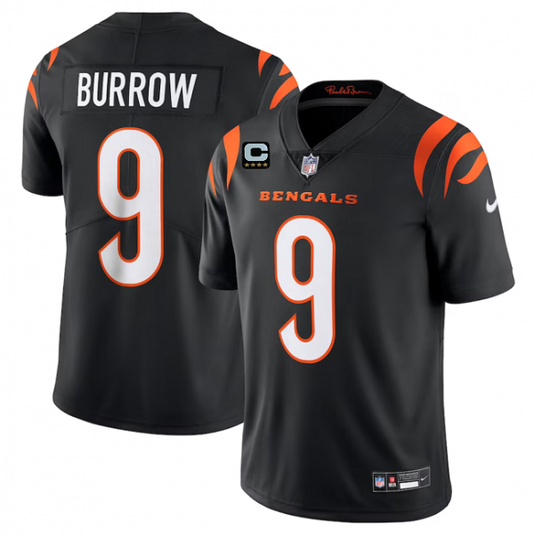 Men Cincinnati Bengals #9 Joe Burrow Black With 4-Star C Patch Vapor Untouchable Limited Stitched Jersey