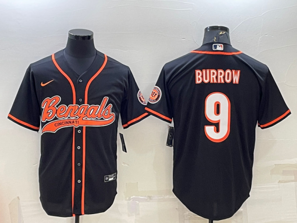 Men Cincinnati Bengals #9 Joe Burrow Black With Patch Cool Base Stitched Baseball Jersey