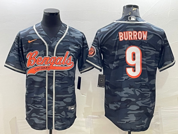 Men Cincinnati Bengals #9 Joe Burrow Grey Camo With Patch Cool Base Stitched Baseball Jersey