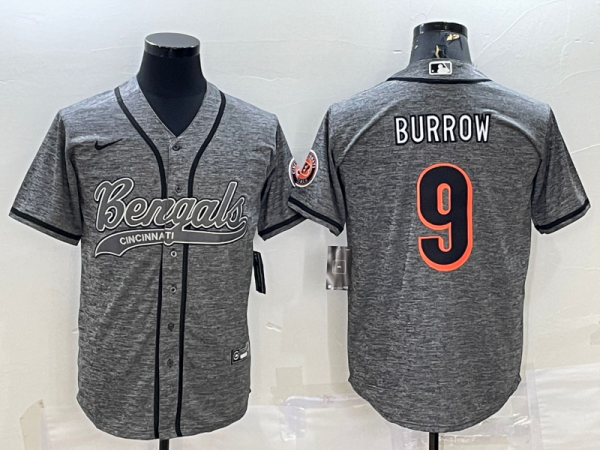 Men Cincinnati Bengals #9 Joe Burrow Grey With Patch Cool Base Stitched Baseball Jersey