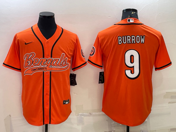 Men Cincinnati Bengals #9 Joe Burrow Orange With Patch Cool Base Stitched Baseball Jersey