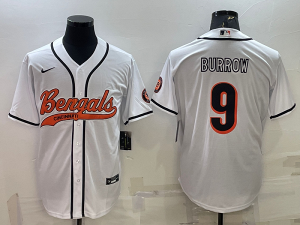 Men Cincinnati Bengals #9 Joe Burrow White With Patch Cool Base Stitched Baseball Jersey