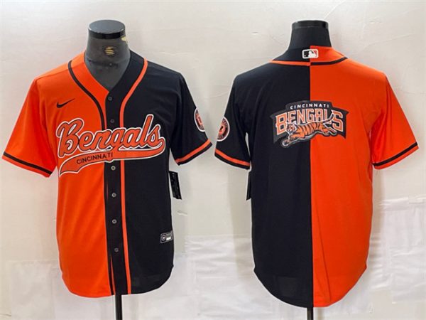 Men Cincinnati Bengals Team Big Logo Black/Orange Split With Patch Cool Base Stitched Baseball Jersey