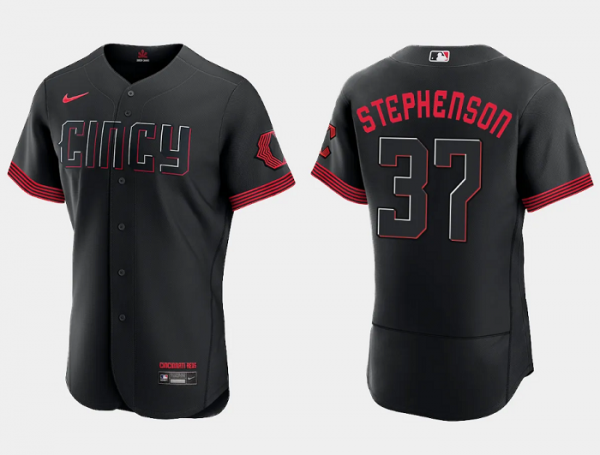 Men Cincinnati Reds #37 Tyler Stephenson Black 2023 City Connect Flex Base Stitched Jersey