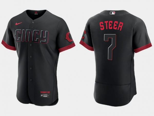 Men Cincinnati Reds #7 Spencer Steer Black 2023 City Connect Cool Base Stitched Baseball Jersey