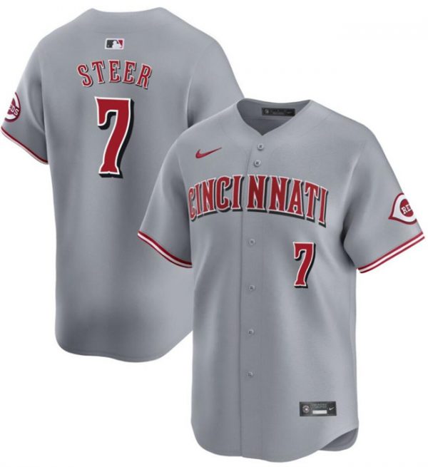 Men Cincinnati Reds #7 Spencer Steer Grey Away Limited Stitched Baseball Jersey