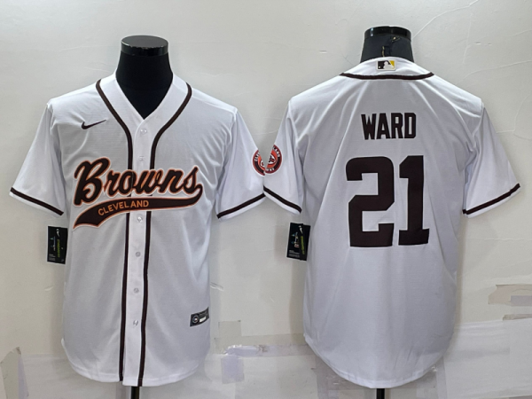 Men Cleveland Browns #21 Denzel Ward White With Patch Cool Base Stitched Baseball Jersey