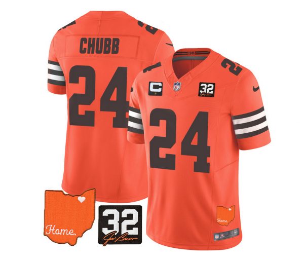 Men Cleveland Browns #24 Nick Chubb Orange 2023 F.U.S.E. With Jim Brown Memorial Patch And 1-Star C Patch Vapor Untouchable Limited Stitched Jersey