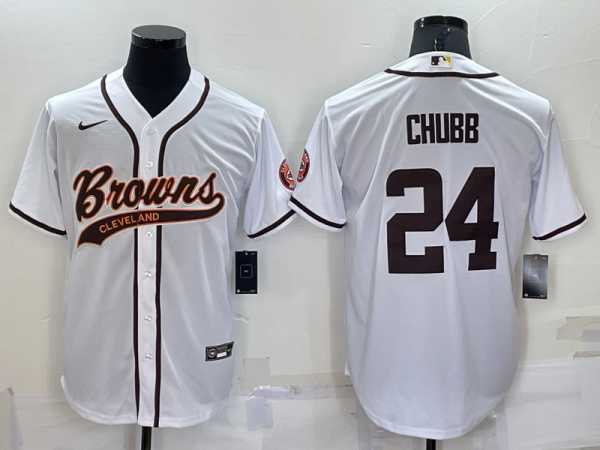 Men Cleveland Browns #24 Nick Chubb White With Patch Cool Base Stitched Baseball Jersey