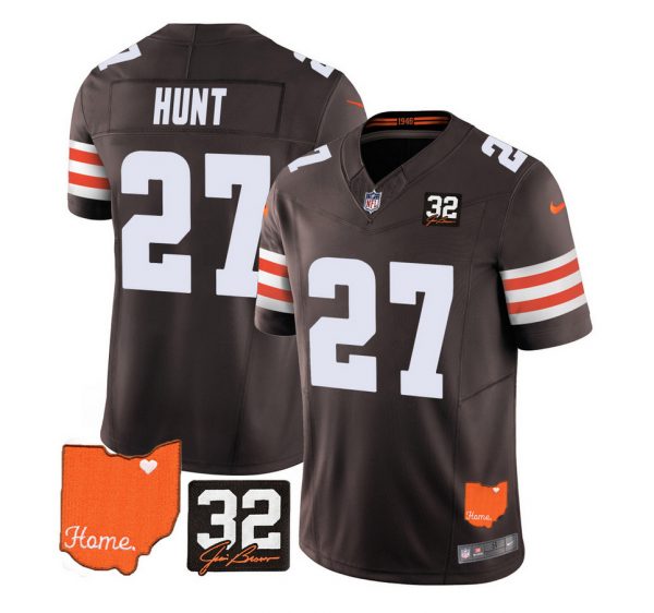 Men Cleveland Browns #27 Kareem Hunt Brown 2023 F.U.S.E. With Jim Brown Memorial Patch Vapor Untouchable Limited Stitched Jersey