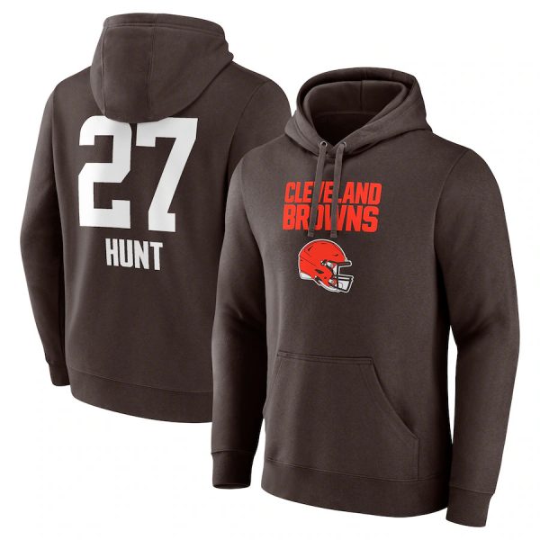 Men Cleveland Browns #27 Kareem Hunt Brown Team Wordmark Player Name & Number Pullover Hoodie