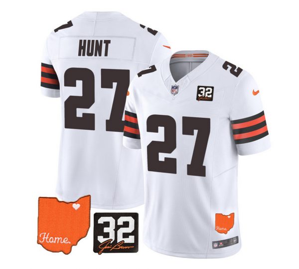 Men Cleveland Browns #27 Kareem Hunt White 2023 F.U.S.E. With Jim Brown Memorial Patch Vapor Untouchable Limited Stitched Jersey