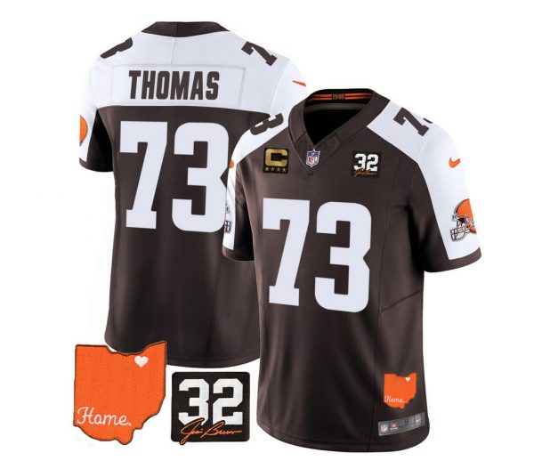 Men Cleveland Browns #73 Joe Thomas Brown/White 2023 F.U.S.E. With Jim Brown Memorial Patch And 4-Star C Patch Vapor Untouchable Limited Stitched Jersey