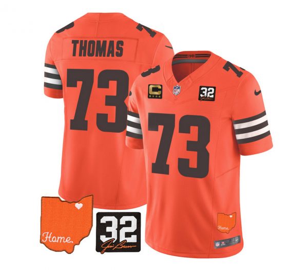 Men Cleveland Browns #73 Joe Thomas Orange 2023 F.U.S.E. With Jim Brown Memorial Patch And 4-Star C Patch Vapor Untouchable Limited Stitched Jersey