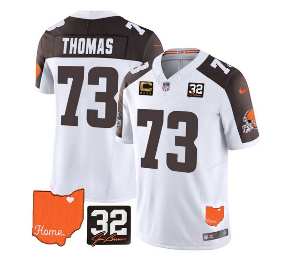Men Cleveland Browns #73 Joe Thomas White/Brown 2023 F.U.S.E. With Jim Brown Memorial Patch And 4-Star C Patch Vapor Untouchable Limited Stitched Jersey