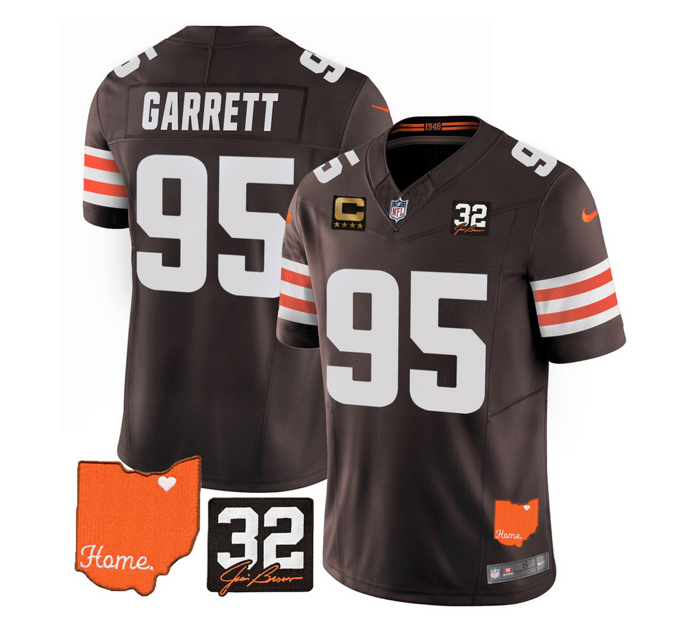 Men Cleveland Browns #95 Myles Garrett Brown 2023 F.U.S.E. With Jim Brown Memorial Patch And 4-Star C Patch Vapor Untouchable Limited Stitched Jersey