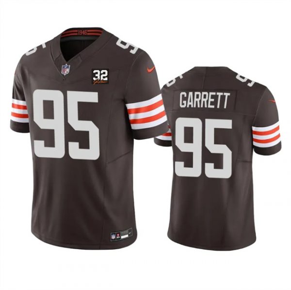 Men Cleveland Browns #95 Myles Garrett Brown 2023 F.U.S.E. With Jim Brown Memorial Patch Vapor Untouchable Limited Stitched Jersey