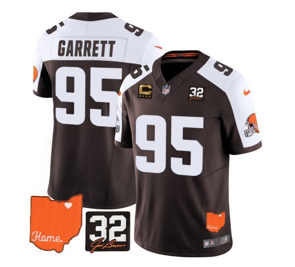 Men Cleveland Browns #95 Myles Garrett Brown/White 2023 F.U.S.E. With Jim Brown Memorial Patch And 4-Star C Patch Vapor Untouchable Limited Stitched Jersey