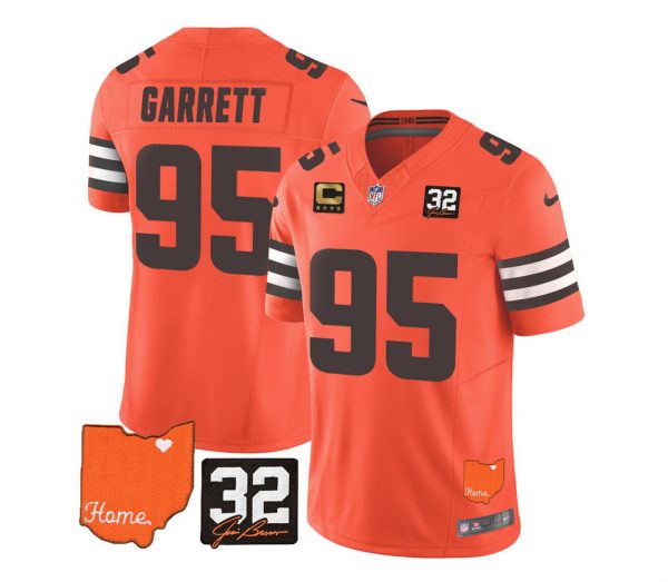 Men Cleveland Browns #95 Myles Garrett Orange 2023 F.U.S.E. With Jim Brown Memorial Patch And 4-Star C Patch Vapor Untouchable Limited Stitched Jersey