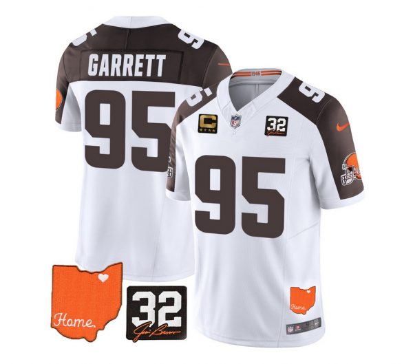 Men Cleveland Browns #95 Myles Garrett White/Brown 2023 F.U.S.E. With Jim Brown Memorial Patch And 4-Star C Patch Vapor Untouchable Limited Stitched Jersey