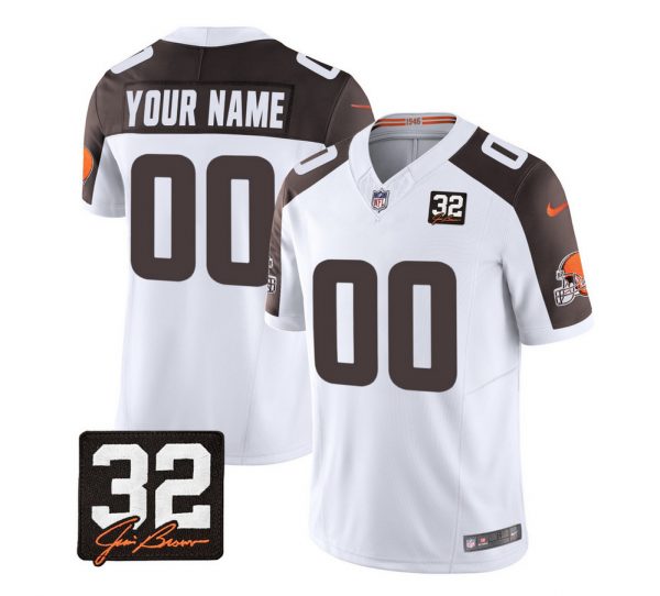 Cleveland Browns Active Player Custom White/Brown 2023 F.U.S.E. With Jim Brown Memorial Patch Vapor Untouchable Limited Stitched Jersey