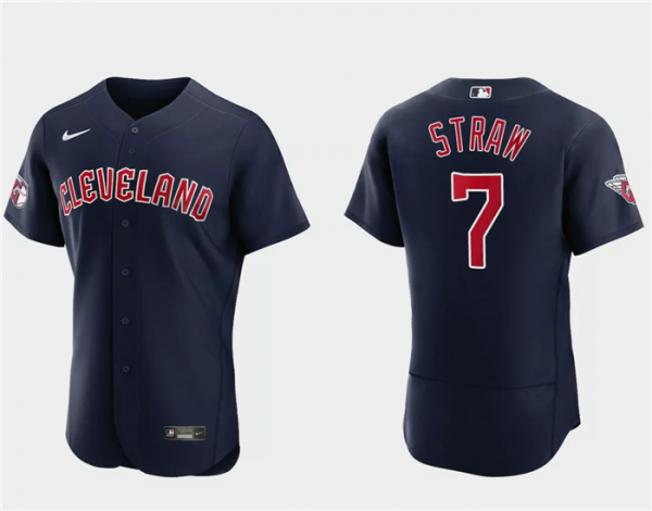 Men Cleveland Guardians #7 Myles Straw Navy Flex Base Stitched Jersey