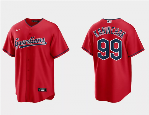 Men Cleveland Guardians #99James Karinchak Red Cool Base Stitched Jersey