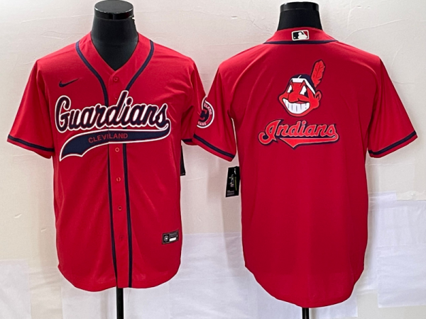 Men Cleveland Guardians Red Team Big Logo With Patch Cool Base Stitched Baseball Jersey