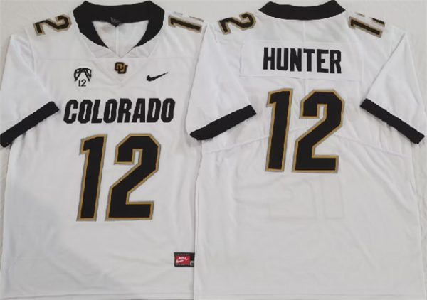 Men Colorado Buffaloes #12 Travis Hunter White 2023 With PAC-12 Patch Stitched Football Jersey