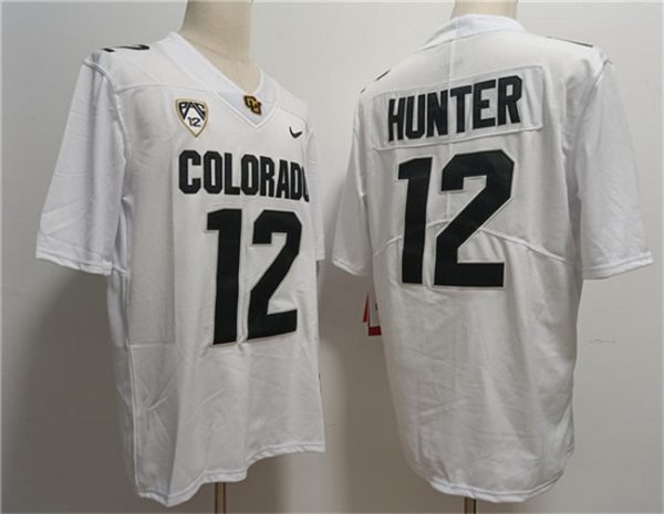 Men Colorado Buffaloes #12 Travis Hunter White With PAC-12 Patch Stitched Football Jersey