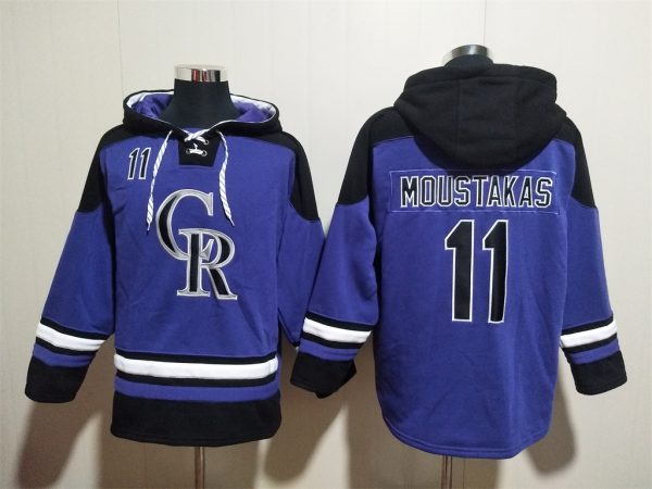 Men Colorado Rockies #11 Mike Moustakas Purple Ageless Must-Have Lace-Up Pullover Hoodie
