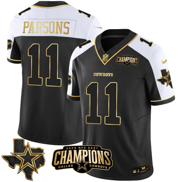 Men Dallas Cowboys #11 Micah Parsons Black/White/Gold 2023 F.U.S.E. NFC East Champions Patch Stitched Football Jersey